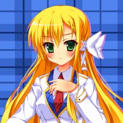  blonde_hair blush bow commentary_request ebicha female hairbow kanemoto_akari long_hair noble_works photoshop_(medium) solo 