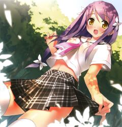  absurdres aquarian_age blush bow female flat_chest flower from_below hairbow highres kantoku long_hair looking_down navel open_mouth petals plaid plaid_skirt pleated_skirt purple_hair school_uniform serafuku skirt skirt_hold smile solo thighhighs tree upskirt white_thighhighs yellow_eyes zettai_ryouiki 