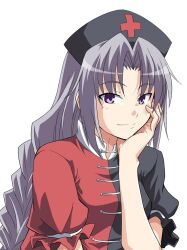  braid closed_mouth commentary_request female grey_hair hat head_rest long_hair looking_at_viewer photoshop_(medium) purple_eyes rimibure simple_background single_braid smile solo touhou tsurime upper_body yagokoro_eirin 