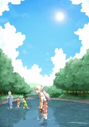  3girls blue_hair closed_eyes cloud commentary_request day dress forest fujiwara_no_mokou hariyaa highres kamishirasawa_keine lens_flare lolicon long_hair multiple_girls nature net outdoors pants pants_rolled_up ponytail reflection river sky smile sun suspenders touhou tree wading water white_hair 