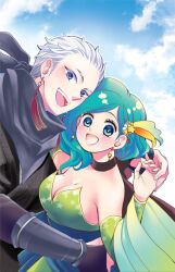  1boy aqua_hair bad_id bad_pixiv_id blue_eyes breast_clinging breasts cleavage earrings edward_geraldine female final_fantasy final_fantasy_iv hair_ornament jewelry large_breasts mitsuharu_nene rydia_(ff4) short_hair star_(symbol) star_earrings star_hair_ornament white_hair 