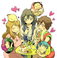  bird black_hair brown_hair cake coco_(toriko) food fork heart komatsu_(toriko) long_hair lowres melk_(toriko) melk_the_second melkk rin_(toriko) spoon toriko_(series) toriko_(toriko) 