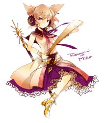  azuma_aya blonde_hair brown_eyes brown_hair character_name dress female imageboard_desourced non-web_source ritual_baton sash scabbard sheath sheathed solo sword touhou toyosatomimi_no_miko weapon 