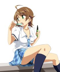  alternate_hairstyle awakened_miki brown_hair commentary_request female food green_eyes hoshii_miki idolmaster idolmaster_(classic) popsicle rough_time_school_(idolmaster) short_hair solo takeya_yuuki 