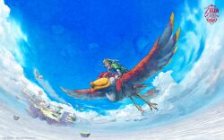  1boy 2011 bird cloud cover day floating_island flying harness highres horizon link loftwing male_focus official_art official_wallpaper riding shield shield_on_back sky solo sword takumi_wada the_legend_of_zelda the_legend_of_zelda:_skyward_sword video_game_cover watermark weapon web_address 