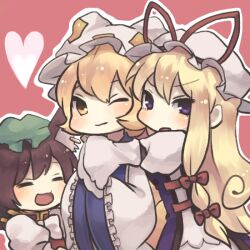  3girls :d =_= bad_id bad_pixiv_id chen chibi closed_eyes hat heart hug konbu_ame multiple_girls one_eye_closed open_mouth smile touhou yakumo_ran yakumo_yukari 