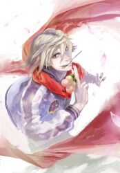  1boy aotan bad_id bad_pixiv_id blonde_hair dango food ivan_karelin jacket letterman_jacket male_focus mouth_hold purple_eyes purple_jacket scarf solo tiger_&amp;_bunny wagashi 