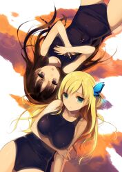  2girls blonde_hair blue_eyes boku_wa_tomodachi_ga_sukunai breast_hold breasts brown_eyes brown_hair butterfly_hair_ornament commentary_request covering_breasts covering_privates hair_ornament kashiwazaki_sena large_breasts mikazuki_yozora multiple_girls old_school_swimsuit one-piece_swimsuit rotational_symmetry sasamori_tomoe school_swimsuit swimsuit 