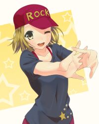  bad_id bad_pixiv_id brown_eyes brown_hair casual female girock hat k-on! one_eye_closed short_hair solo stretching tainaka_ritsu 