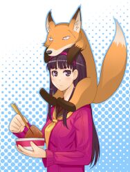  aburaage amagi_yukiko animal animal_on_head bowl carrying chopsticks commentary_request female food fox hairband halftone halftone_background kitsune_(persona_4) kitsune_udon on_head persona persona_4 photoshop_(medium) scar school_uniform shoulder_carry sitting solo_focus sweater taru_neko 