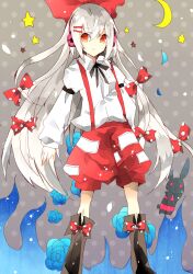  adapted_costume blue_flower blue_rose boots bow cha_goma commentary_request crescent_moon female flower fujiwara_no_mokou hair_ornament hairbow hairclip headphones highres long_hair long_sleeves moon orange_eyes rabbit red_shorts rose shorts solo standing star_(symbol) suspenders touhou white_hair 