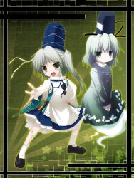  2girls commentary_request dress fighting_stance ghost ghost_tail green_dress grey_hair hat izumi_yukiru japanese_clothes jitome mononobe_no_futo multiple_girls no_mouth oerba_yun_fang ponytail skirt soga_no_tojiko tate_eboshi touhou v_arms 