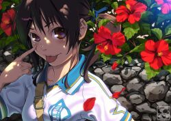  :p akanbe aoi_sora_(pairan) brown_eyes brown_hair commentary_request dappled_sunlight eyelid_pull female flower hair_ornament hairclip hibiscus lips original pairan petals shade smile soccer_uniform solo sportswear sunlight tongue tongue_out twintails upper_body 