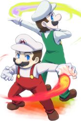  2boys alternate_color alternate_coloration blue_eyes brothers facial_hair fire fire_luigi fire_mario fireball hat luigi mario mario_(series) moustache multiple_boys nintendo overalls saiha siblings super_mario_bros. 