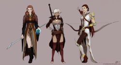  almateria anders_(dragon_age) armor arrow bad_id bad_pixiv_id banned_artist bare_shoulders black_hair boots bow_(weapon) brown_eyes brown_hair coat dark_skin dragon_age_2 earrings elf fenris_(dragon_age) fur_trim gauntlets genderswap_(mtf) green_eyes highres jewelry long_hair multiple_girls pointy_ears ponytail quiver rule_63 sebastian_vael staff sword tattoo thighhighs weapon white_hair zettai_ryouiki 