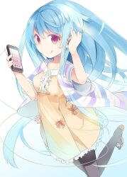  :q black_pantyhose blue_hair cellphone commentary_request dress female haruse_hiroki headphones iphone jacket long_hair looking_at_viewer original pantyhose phone red_eyes sandals simple_background smartphone smile solo tongue tongue_out 