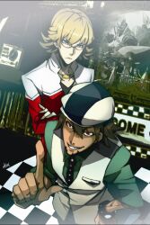  2boys armor ash_(ash1210) bad_id bad_pixiv_id barnaby_brooks_jr. blonde_hair blue_eyes brown_eyes brown_hair cabbie_hat checkered_floor crossed_arms facial_hair glasses hat jacket jewelry kaburagi_t._kotetsu male_focus multiple_boys necklace necktie perspective photoshop_(medium) pointing power_armor power_suit red_jacket stubble superhero_costume tiger_&amp;_bunny v-neck vest waistcoat watch wild_tiger wristwatch 