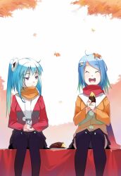  2girls ^_^ ahoge aqua_hair autumn_leaves bili_girl_22 bili_girl_33 bilibili black_legwear blue_hair closed_eyes eating food kange leaf leaf_on_head maple_leaf multiple_girls one_side_up open_mouth pantyhose plate scarf siblings sitting skirt sweet_potato thighhighs 