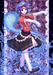  beret black_eyes black_hair bow commentary_request drooling female ghost grey_eyes hairbow hat hat_ornament highres hitodama jiangshi miyako_yoshika no_socks ofuda outstretched_arms pale_skin qontamblue skirt solo star_(symbol) star_hat_ornament touhou walking zombie_pose 