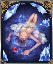  apple bad_id bad_pixiv_id brown_eyes brown_hair crystal dress female food fruit full_body grimm&#039;s_fairy_tales highres kakinesa lying original partially_submerged photoshop_(medium) red_apple short_hair snow_white snow_white_(grimm) solo water 