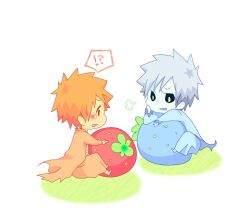  2boys berry black_sclera bleach chibi cloak dark_persona dual_persona food fruit hujitan-very-cute kurosaki_ichigo multiple_boys orange_hair pale_skin shirosaki_hichigo short_hair sitting strawberry white_hair 