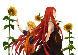  age_difference blonde_hair blue_eyes closed_eyes facial_mark flower hinell hinell06 long_hair mother_and_son naruto naruto_shippuuden red_hair short_hair simple_background sun_flower sunflower uzumaki_kushina uzumaki_naruto very_long_hair 