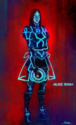  alice:_madness_returns alice_liddell_(american_mcgee&#039;s_alice) american_mcgee&#039;s_alice boots chakram commentary disc_(tron) dress female highres kazeco lips long_hair neon_trim omega_symbol parody photoshop_(medium) science_fiction solo tron tron:_legacy weapon 