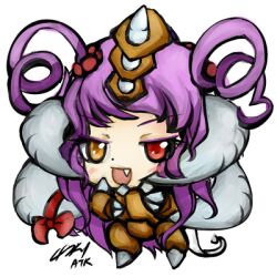  :d armor atk402 blush bodystocking bow brown_eyes chibi claws female full_body hair_ornament hair_scrunchie heterochromia horn_bow horn_ornament horns looking_at_viewer lowres mole oerba_yun_fang open_mouth purple_hair red_bow red_eyes scrunchie signature smile solo standing starcraft two_side_up ultralisk v-shaped_eyebrows zerg_(starcraft) 