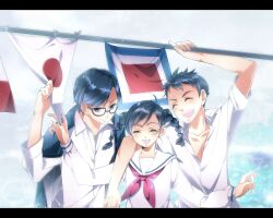  2boys black_hair braid closed_eyes commentary_request female flag fujiwara_rika glasses group_hug hug kazama_shun kokurikozaka_kara komatsuzaki_umi letterboxed mizunuma_shirou multiple_boys school_uniform serafuku smile twin_braids 