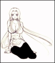  barefoot breasts cleavage facial_mark forehead_mark japanese_clothes large_breasts long_hair looking_at_viewer naruto pii_(xpxpxpxp) sitting solo tsunade very_long_hair 