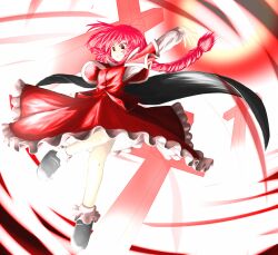  braid capelet commentary_request cross female grin okazaki_yumemi pink_hair r-18_jii red_capelet red_eyes red_hair skirt smile solo touhou touhou_(pc-98) vest 