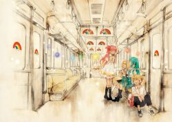  3girls bad_id bad_pixiv_id bag black_legwear bow candy closed_eyes dress earphones food hairbow hatsune_miku heart kagamine_len kagamine_rin kuwahara_souta lollipop long_hair multiple_girls musical_note nanase_kanon rainbow short_hair train_interior twintails vocaloid 