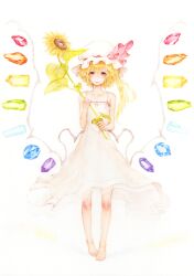  alternate_costume alternate_wings bad_id bad_pixiv_id barefoot blonde_hair crystal dress female flandre_scarlet flower full_body gem hat kodama_(wa-ka-me) looking_at_viewer painting_(medium) red_eyes short_hair side_ponytail simple_background smile solo standing sundress sunflower touhou traditional_media watercolor_(medium) wings 