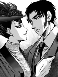  1boy adele_(emma) bad_id bad_pixiv_id clothes_grab female formal gloves greyscale hair_up hans_(emma) hat lowres monochrome necktie official_style profile straight suit victorian victorian_romance_emma ywaka 