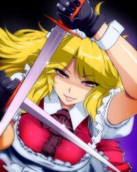  blonde_hair commentary_request dual_wielding female gloves holding hyudora lips maid maid_headdress red_eyes smile solo sword touhou touhou_(pc-98) weapon yumeko_(touhou) 