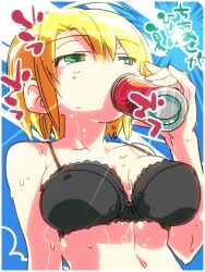  aya_brea black_bra blonde_hair bra can drink drinking female green_eyes kuruwa_(artist) parasite_eve parasite_eve_ii shirtless short_hair solo underwear wet 