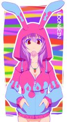  animal_ears bad_id bad_pixiv_id bottomless commentary_request condom condom_in_mouth female groin hayashi_custom hood hoodie mouth_hold naked_hoodie photoshop_(medium) purple_hair rabbit_ears red_eyes reisen_udongein_inaba solo touhou 