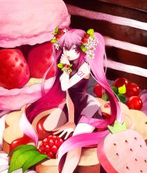  arm_support bad_id bad_pixiv_id bracelet female flower food food-themed_hair_ornament fruit hair_flower hair_ornament hakusai_(tiahszld) hatsune_miku highres jewelry long_hair necktie photoshop_(medium) pink_eyes pink_hair sitting skirt solo strawberry strawberry_blossoms strawberry_hair_ornament twintails very_long_hair vocaloid 