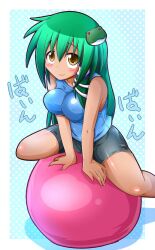  ball bike_shorts breasts commentary_request covered_nipples exercise_ball female frog_hair_ornament green_hair hair_ornament honehone impossible_clothes impossible_shirt kochiya_sanae large_breasts long_hair shirt solo touhou yellow_eyes 