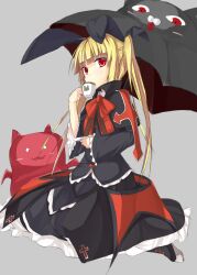  animal-themed_umbrella ban_(bannyata) black_umbrella blazblue blonde_hair bow commentary_request dress female gii gothic_lolita lolita_fashion long_hair nago rachel_alucard red_bow red_eyes solo twintails umbrella 