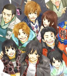  3girls 6+boys animification black_eyes black_hair brown_eyes brown_hair bruise commentary_request hanaori_kotoha ikenami_ryuunosuke inagi injury jacket japanese_clothes jewelry kadoya_tsukasa kamen_rider kamen_rider_dcd kimono kusakabe_hikoma multiple_boys multiple_girls necklace ponytail samurai_sentai_shinkenger shiba_kaoru shiba_takeru shiraishi_mako smile super_sentai tanba tani_chiaki umemori_genta vest 