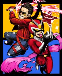  2boys black_hair boots commentary_request crossover denim dual_wielding elbow_gloves energy_sword facial_hair gloves goatee helmet holding jacket jeans male_focus multiple_boys no_more_heroes pants red_hair red_jacket scarf sunglasses superhero_costume sword tochigai tongue travis_touchdown viewtiful_joe viewtiful_joe_(character) weapon white_gloves 