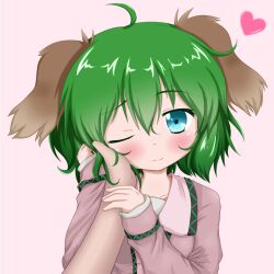  animal_ears bad_id bad_pixiv_id blue_eyes blush female green_hair hand_on_another&#039;s_cheek hand_on_another&#039;s_face heart kasodani_kyouko looking_at_viewer oden_(th-inaba) one_eye_closed pov pov_hands short_hair smile solo_focus touhou upper_body 