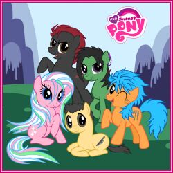  black_hair blue_hair coco_(toriko) crossover eyelashes female grass komatsu_(toriko) looking_at_viewer lying multicolor_hair multicolored_hair my_little_pony my_little_pony_friendship_is_magic nature on_ground outdoors parody pony pose posing red_hair rule_63 sani_(toriko) scar sitting smile standing toriko_(series) toriko_(toriko) wink zebura_(toriko) 