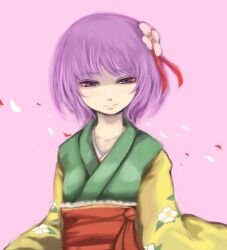  commentary_request female floral_print flower ginji_(sakaki_summer) green_kimono hair_flower hair_ornament hieda_no_akyuu japanese_clothes kimono light_smile obi petals purple_eyes purple_hair sash short_hair solo touhou upper_body 