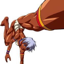  armlet bangle bare_shoulders bikini blue_eyes bracelet commentary_request dark-skinned_female dark_skin elena_(street_fighter) female handstand jewelry kicking muscular navel one_arm_handstand pov shinonome_(game_hakkutsu_tai) short_hair solo street_fighter street_fighter_iii_(series) swimsuit upside-down very_dark_skin white_hair 