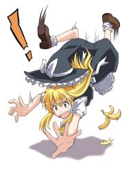  ! banana_peel blonde_hair brown_eyes commentary_request female hat kirisame_marisa long_hair motion_blur open_mouth outstretched_arms photoshop_(medium) rimibure shadow slipping solo touhou tripping witch_hat yellow_eyes 