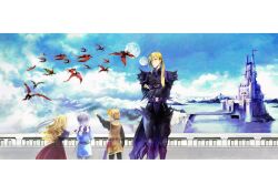  2boys armor belt blonde_hair bridge cain_highwind castle cecil_harvey children cloud clouds crossed_arms dragon dress female final_fantasy final_fantasy_iv full_moon kuzumosu lolicon long_hair male mizukumohouse moon mountain multiple_boys ponytail rosa_farrell short_hair silver_hair 