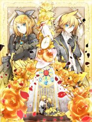  1boy aku_no_musume_(vocaloid) blonde_hair blue_eyes bow brother_and_sister commentary_request dress evillious_nendaiki female flower hair_flower hair_ornament hair_ribbon hairbow hairclip haru_aki kagamine_len kagamine_rin photoshop_(medium) pocket_watch ribbon riliane_lucifen_d&#039;autriche rose siblings smile twins vocaloid watch yellow_flower yellow_rose 