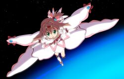  :o a1_(initial-g) bow brown_hair female flying hairbow heart highres jewelpet_(series) jewelpet_twinkle labra_(jewelpet) photoshop_(medium) pink_bow red_eyes ruby_(jewelpet) sakura_akari side_ponytail solo_focus space star_(symbol) 